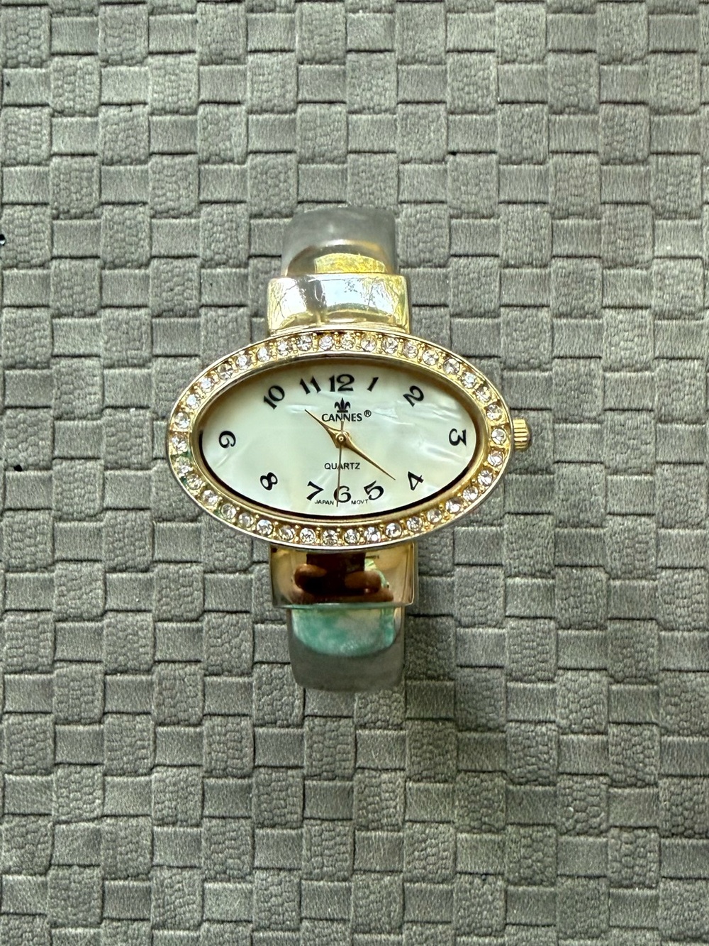 Crystal-Trim Oval Face Fashion Cuff Watch in Gold Silver tone